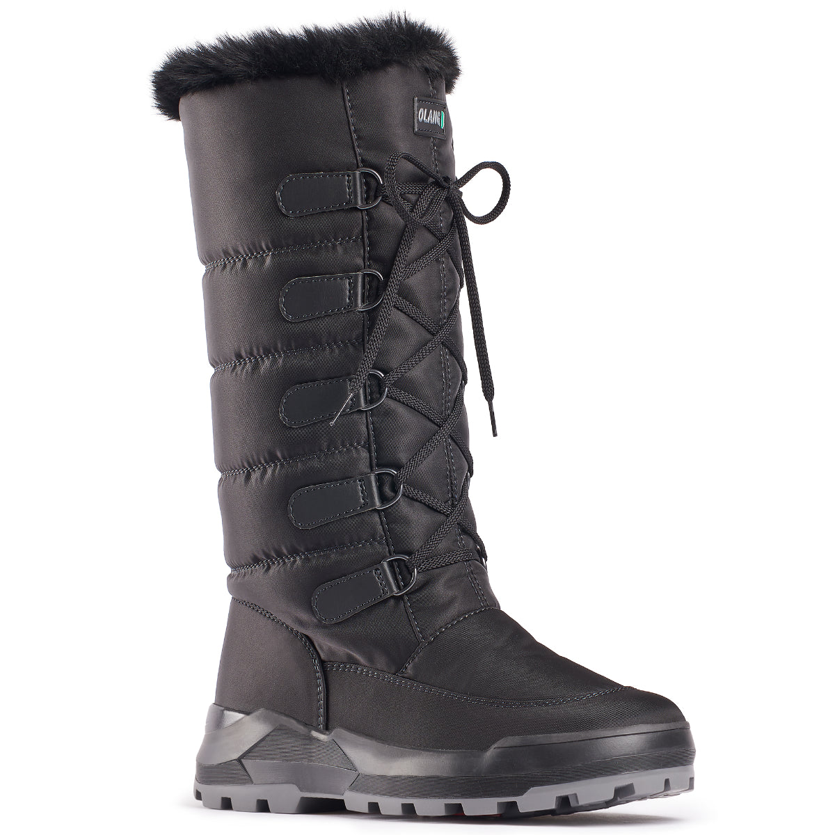 Olang Valeria Nero Black winter boots with quilted polyester upper, lace and zipper closure, wool lining, and REGINA outsole with OC System® grips.