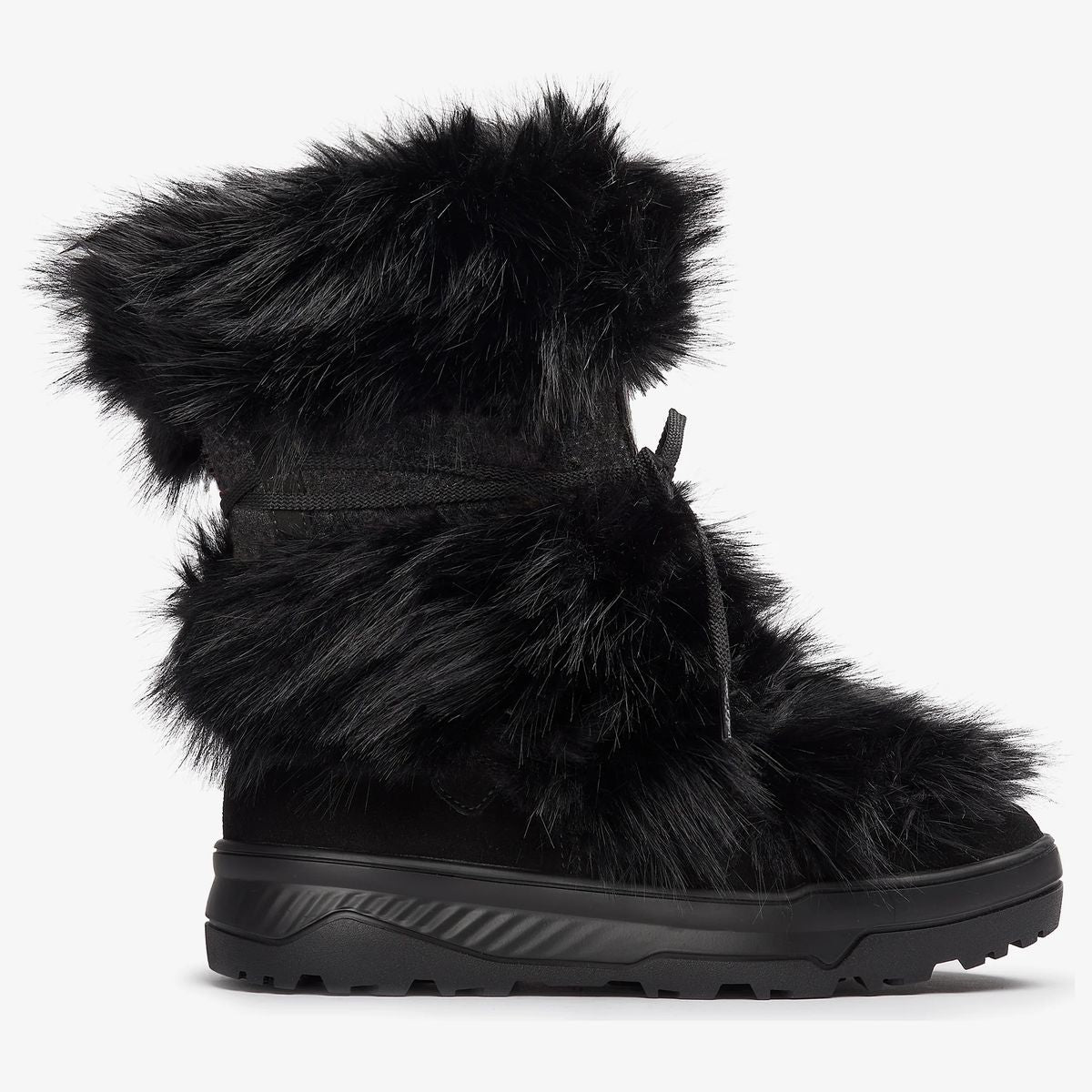 Olang black winter boot with fluffy faux fur cuffs, patterned shaft, front lace tie, and thick rubber lug sole.