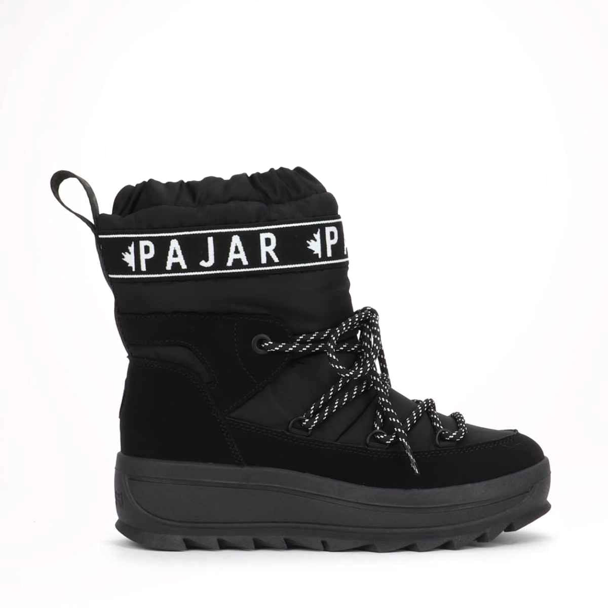 Black Galaxy Women's Pull ON Boot with lace-up closure and Pajar branding on the cuff. The boot has a round toe shape and a thick rubber traction sole.