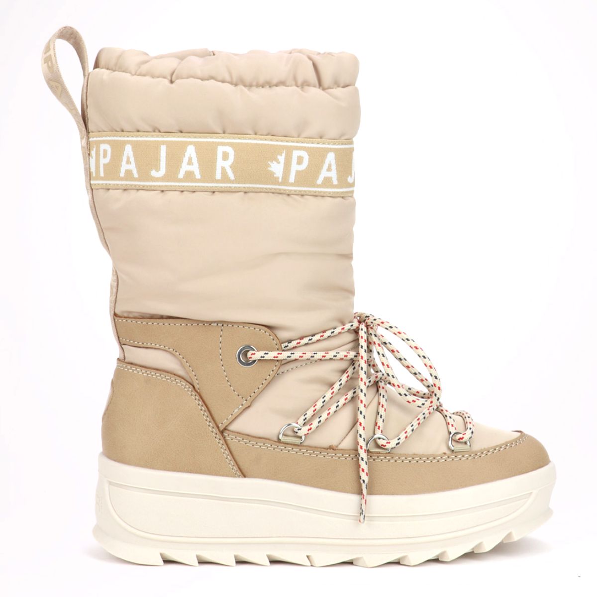 A women's beige and brown pull-on boot with lace-up closure and a round toe. Pajar Galaxy Winter boot in Sand