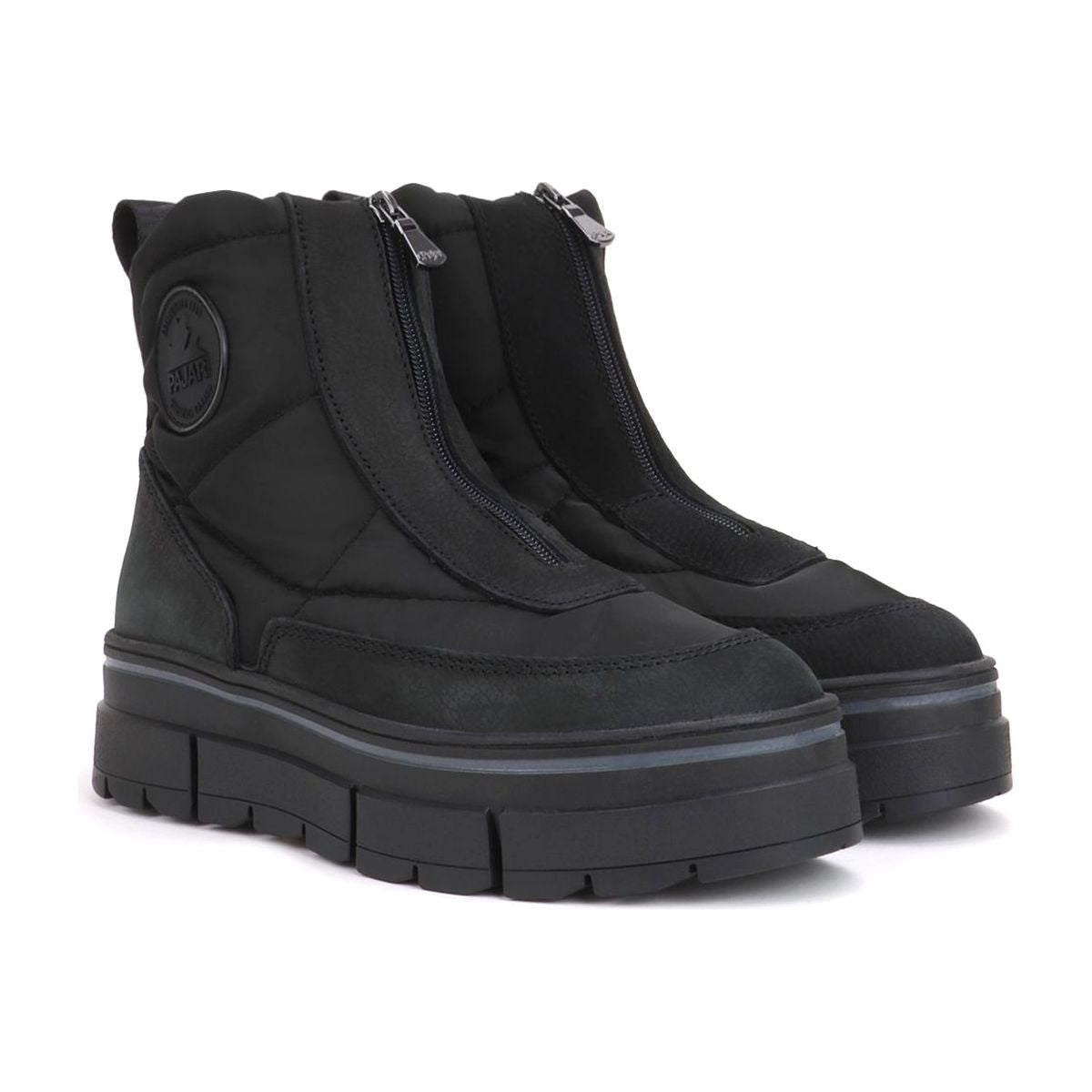 A pair of black women's boots with a front zip and ice-gripper technology outsole, designed for winter wear. Pajar Huilia