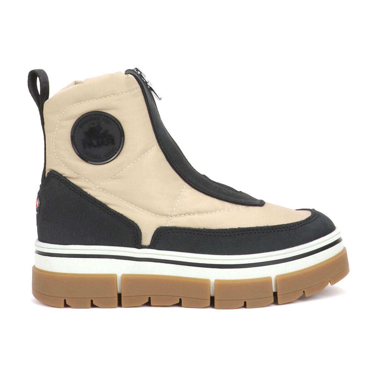 A women's winter boot with front zip closure and ice-gripper technology outsole, primarily in black and beige colors. Pajar Huilia