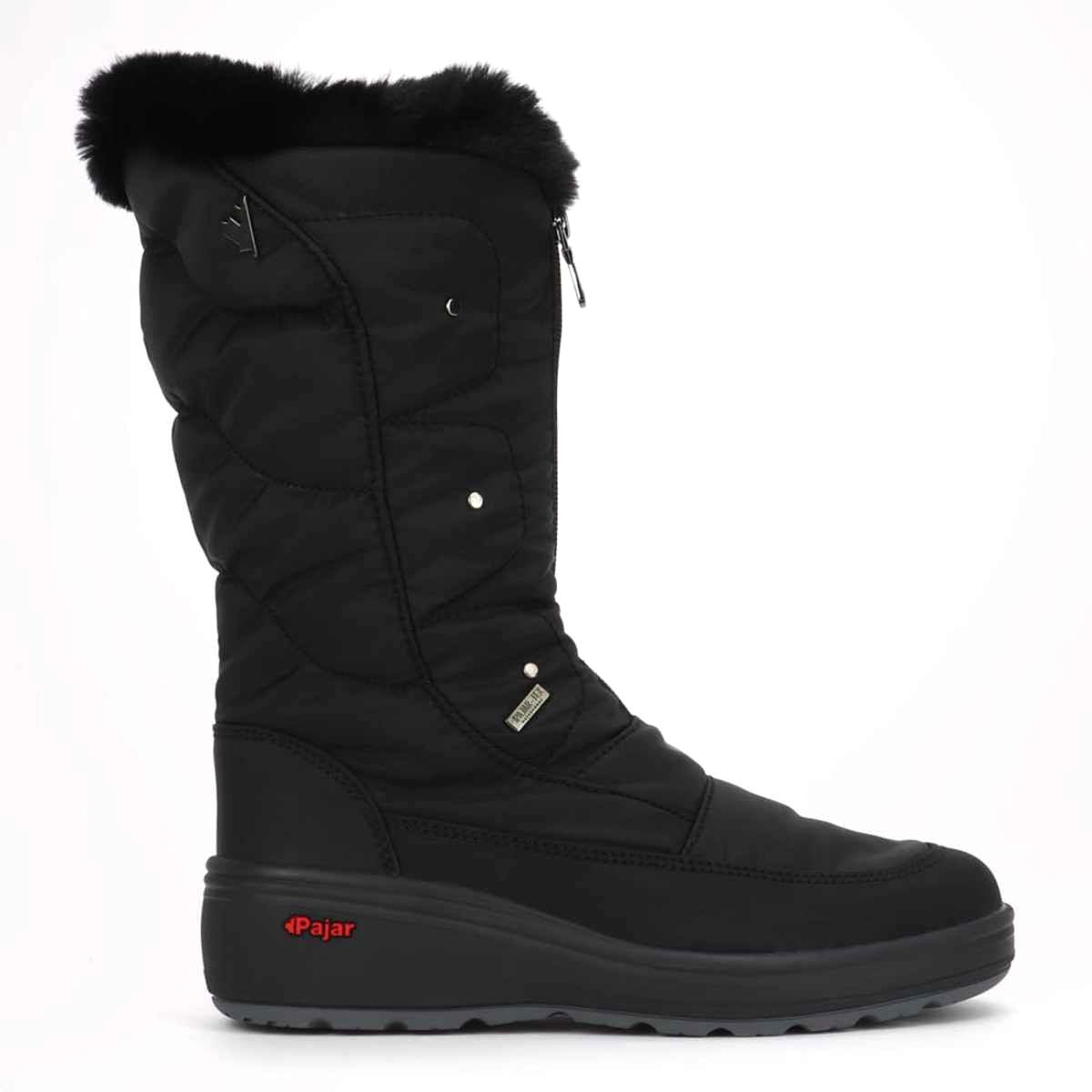 A black women's winter boot with a high shaft and fur lining, featuring a zipper and a round toe. The boot has a rubber outsole with Ice-Gripper foldable technology. Pajar Louisa Ice Gripper Boot.