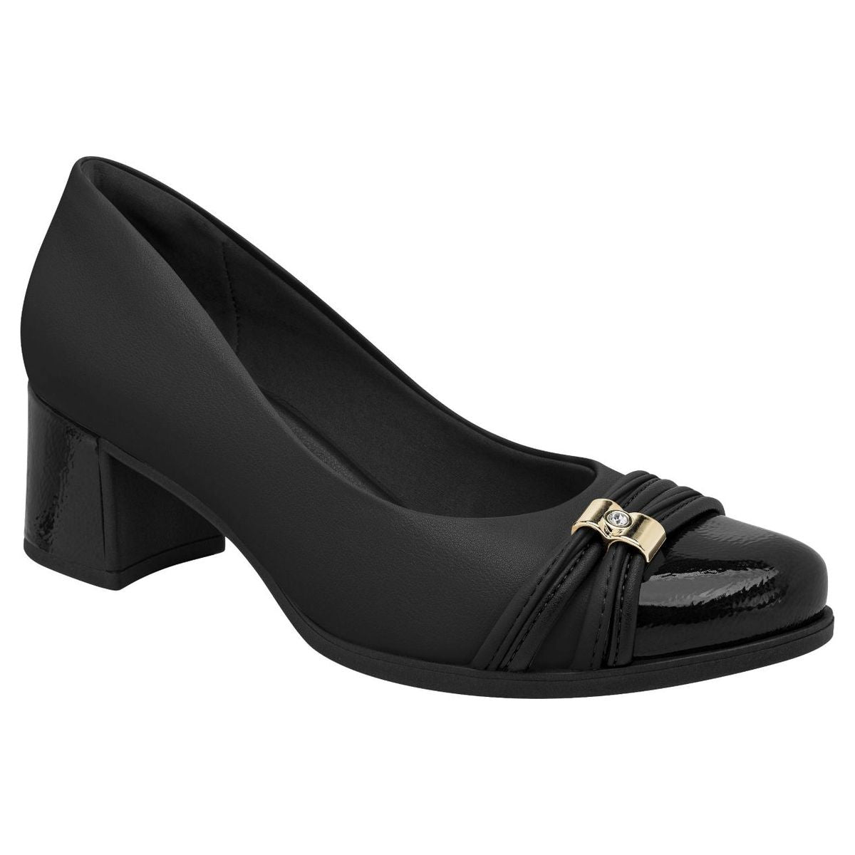 Piccadilly black dress pump shoe with patent toe cap, gold embellishment, and chunky block heel. Style #654070N