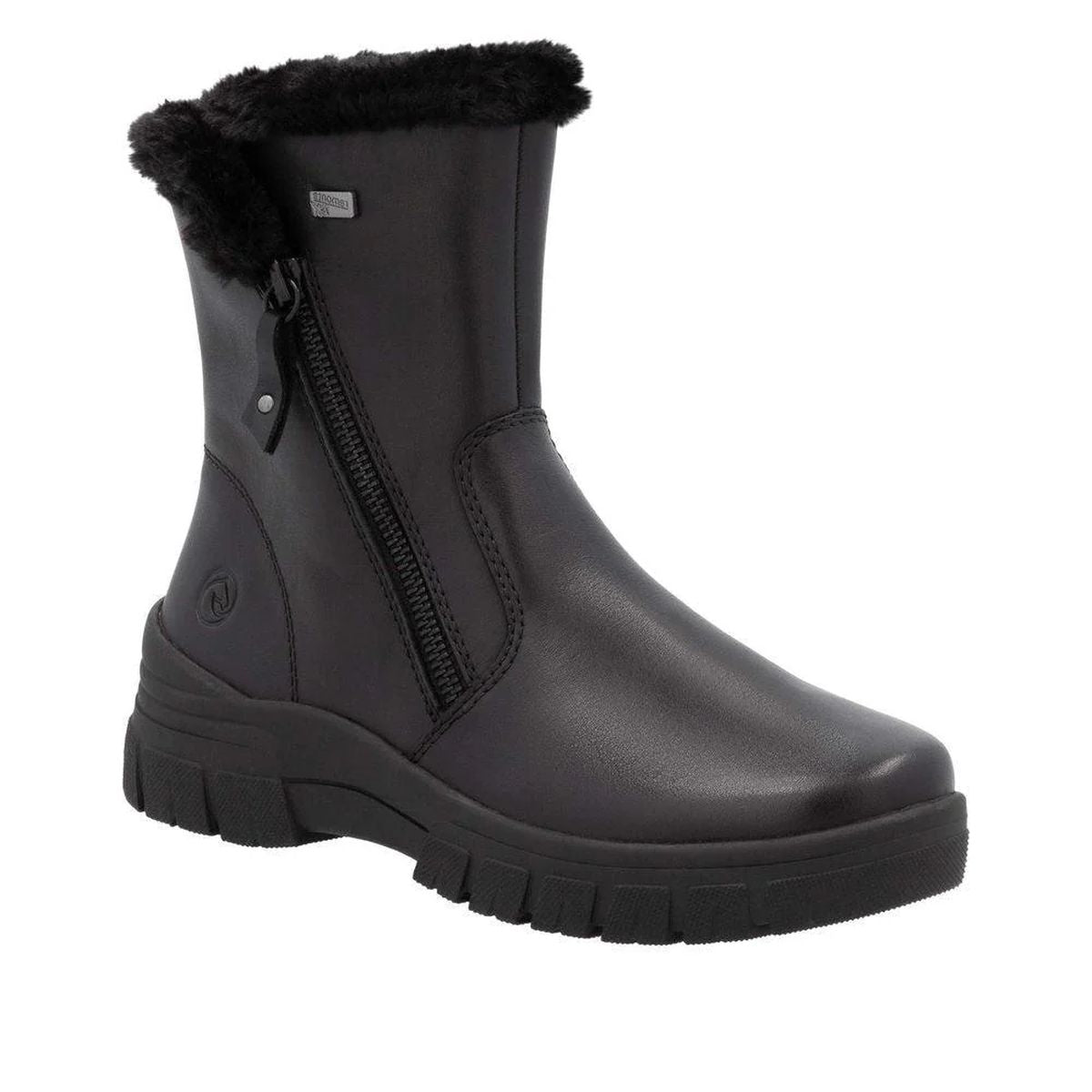 Remonte D0E78 Women's Zip Winter Boot, Premium black leather upper, comfortable winter boot side zipper waterproof sole. Style #D0E78-00