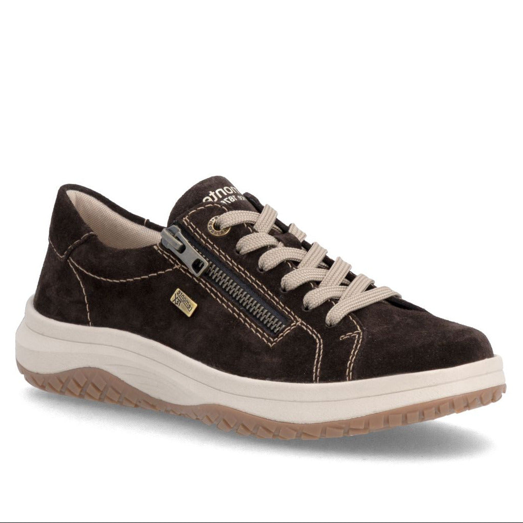 Women's dark brown suede sneaker with contrast laces, side zipper, light midsole, and gum rubber outsole. Style #D3Q00-25