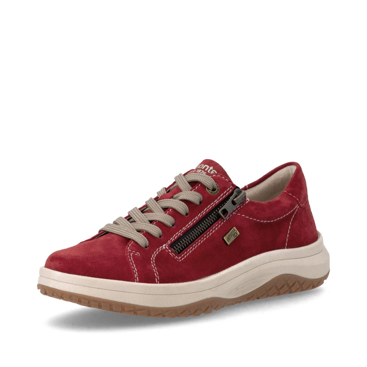 Red suede lace-up sneaker with side zipper, white stitching, beige midsole, and gum outsole. Style # D3Q00-35