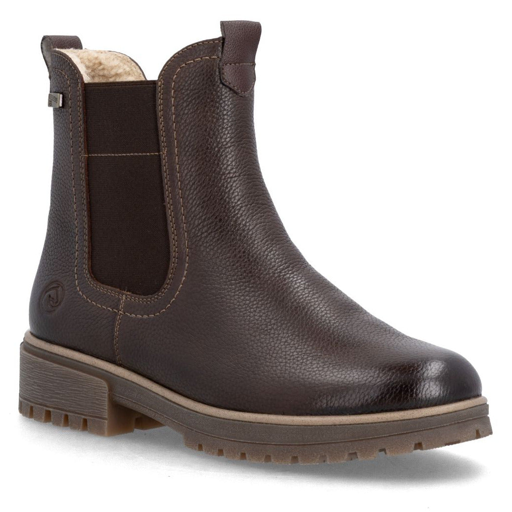 Remonte brown pebbled leather Chelsea boot featuring elastic side gore, plush fleece collar, and lug sole. Style #D3W73-25