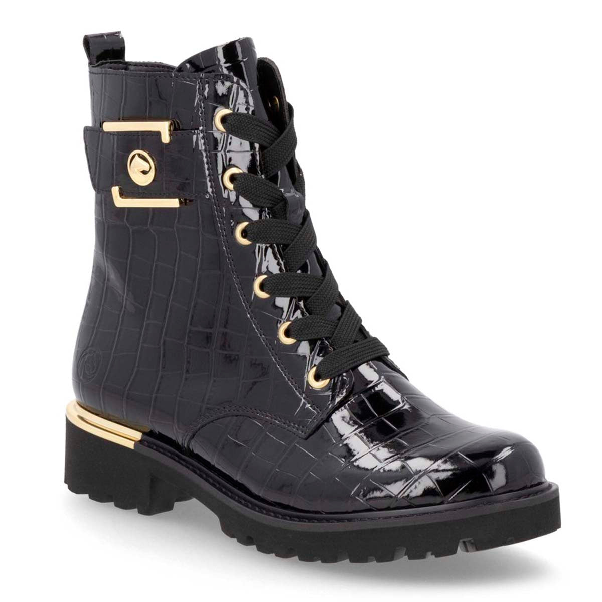Remonte D8683 Patent Women's Ankle Boots, black patent leather boots, alligator print with gold details, lace up front. Style #D8683-00