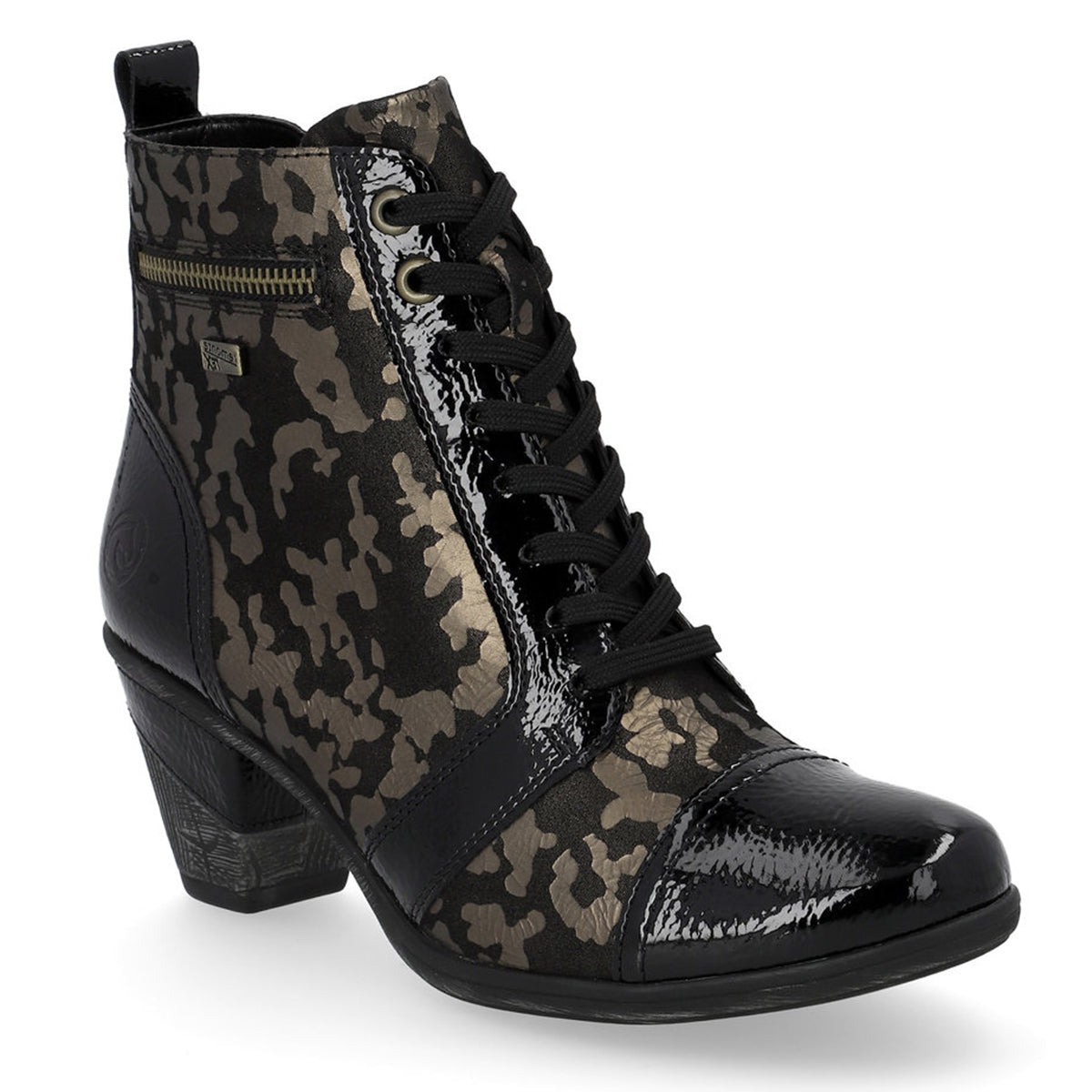 Remonte D8797 Women's Ankle Boots, short block heel, leather upper gold design with lace up front and side zipper for easy on and off. Style #D8797-90