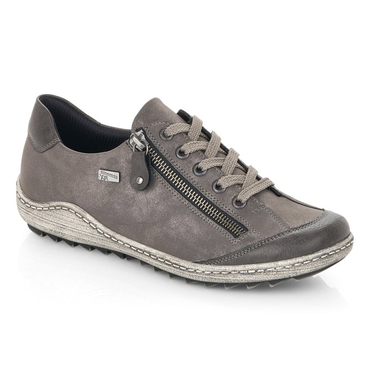 Remonte R1402 Women's Lace Up Shoe, soft grey leather exterior, front lace up closure with side zipper for easy on and off. Style #D1402-44