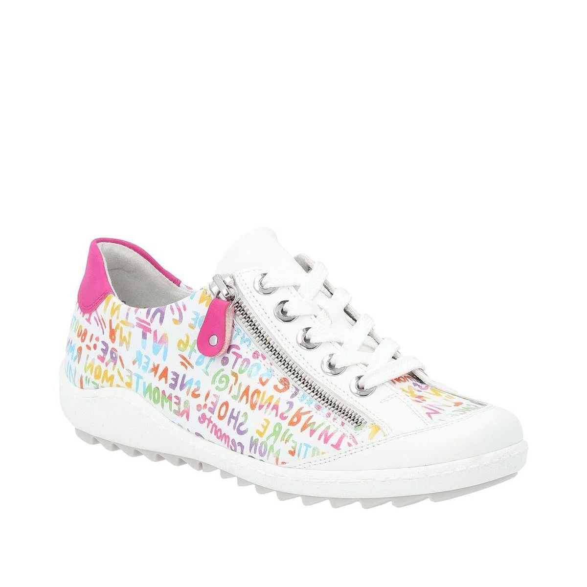 Remonte R1402 Women's Lace Up Shoe, all day comfort and grip, pink multicolour patterned accents with front lace closure and side zipper. High Quality leather. Style #D1402-80