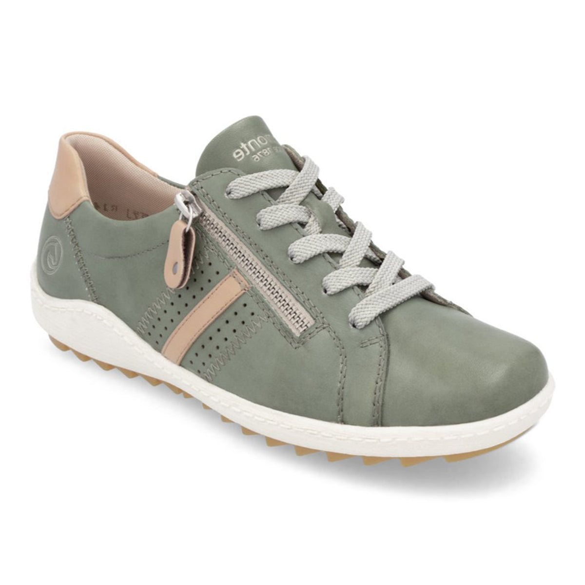 Remonte R1432 Women's Lace Up Shoe, green leather exterior with beige accents and decorative stitching. Front lace up with side zipper for easy on and off. Style #D1432-52