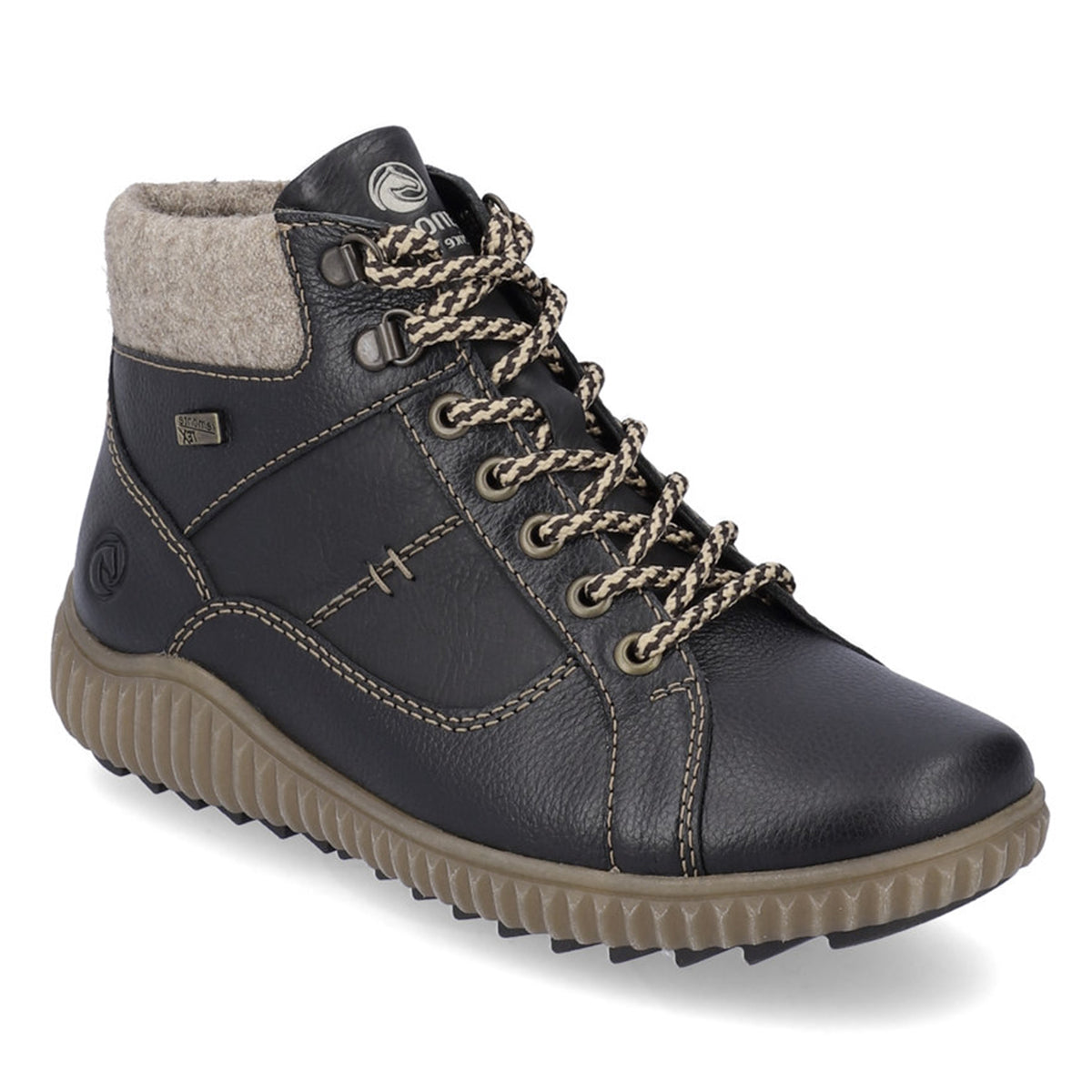 Remonte R8276 Women's Lace Up Boots, waterproof leather boots with decorative tan stitching. Comfortable all day wear + insulation for winter. Style #R7997-01