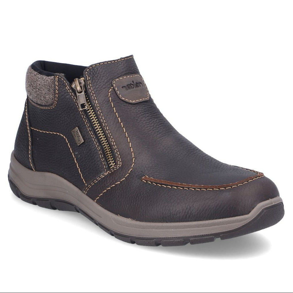 Rieker brown leather zip ankle boot with contrast stitching, padded collar, and flexible traction sole. Style #03660-25