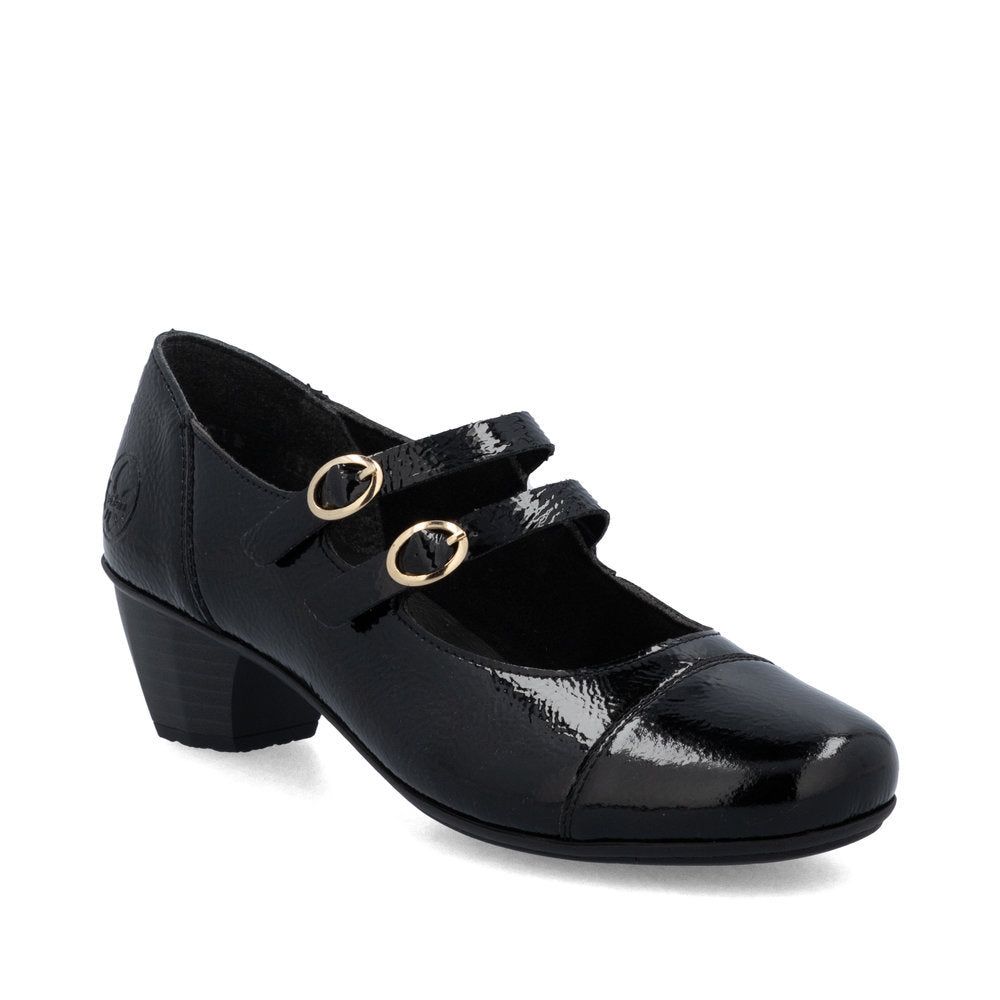 Glossy black patent leather women's dress shoe with rounded toe and 40 mm low heel, offering sleek, polished style and comfortable everyday wear. Style #41758-00