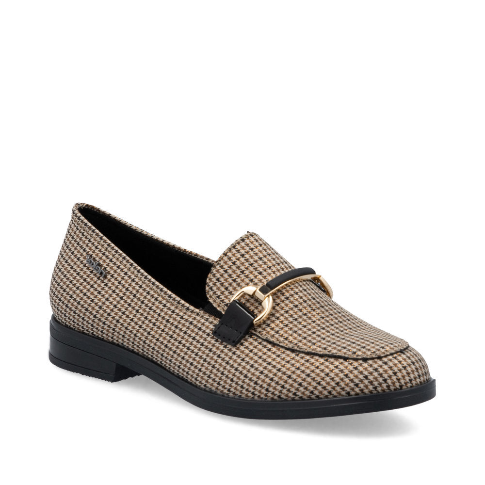Beige women’s synthetic leather Caroni loafers with elastic bands, check pattern detail, grippy sole, and extra-soft cover sole. Style #46264-60