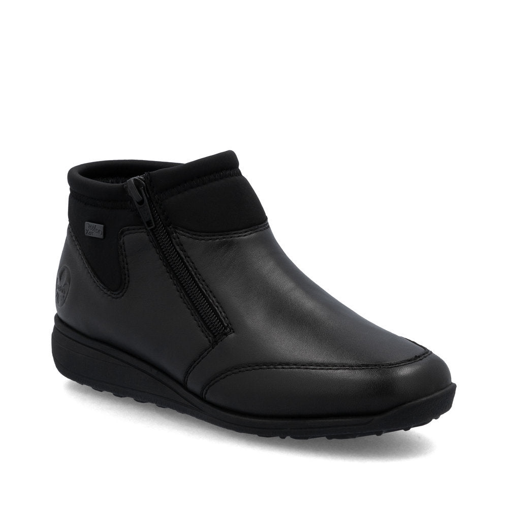 Black women's ankle boots with smooth leather upper, side zipper, removable padded insole, wide fit, and grippy outsole. Style #47270-00