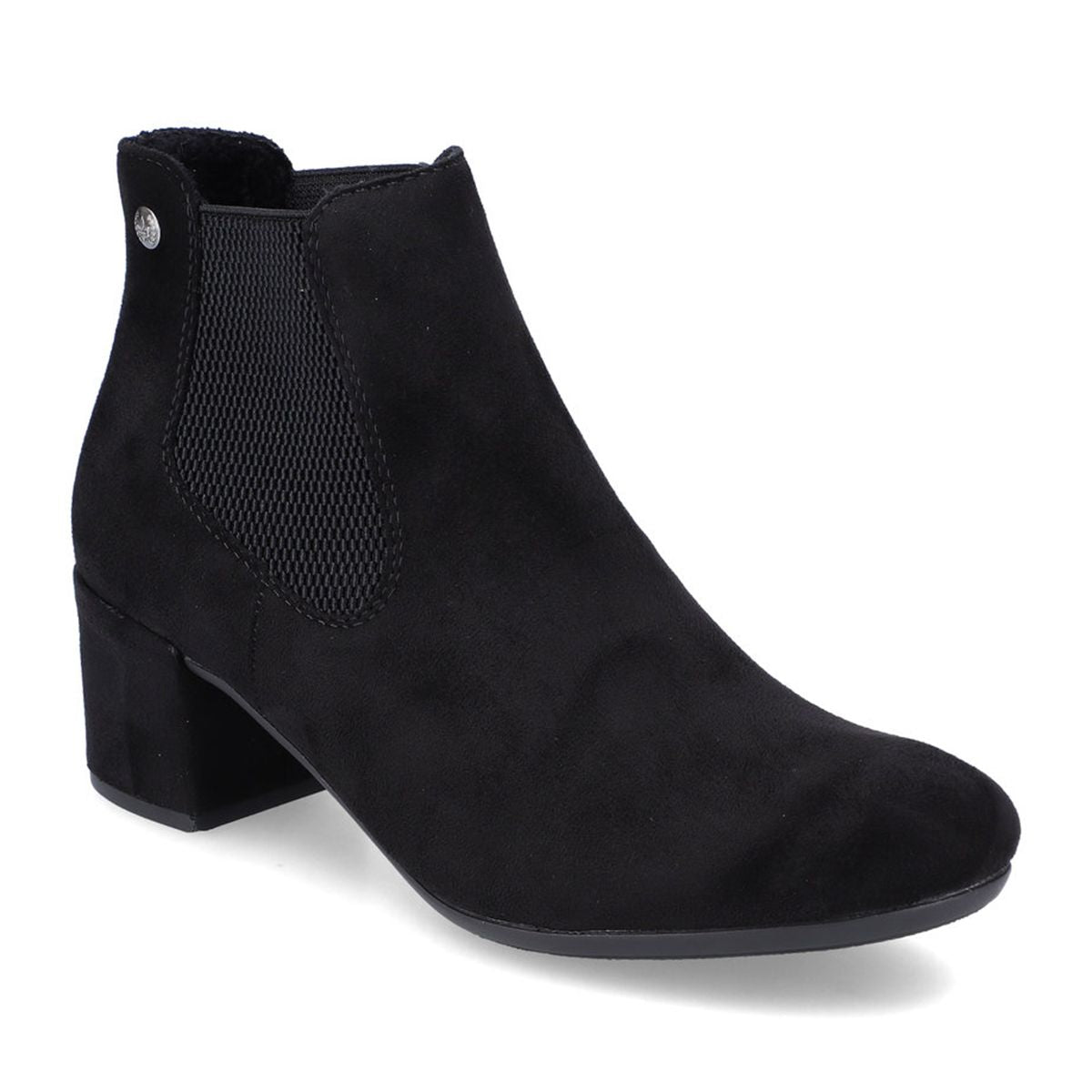 Black ankle boot with a block heel and elastic side panel, on a white background. Rieker 70284 Graphite Black Womens Ankle Boots