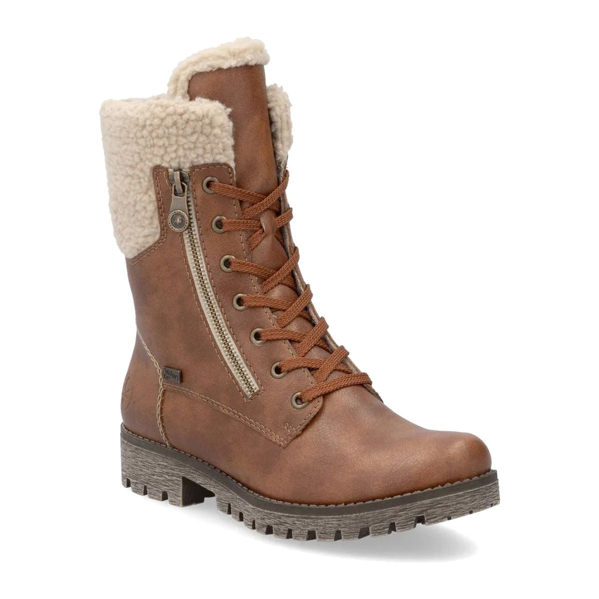 A cozy women's brown lace-up winter boot with a white furry lining at the top and a 33mm heel. Rieker 78522-24