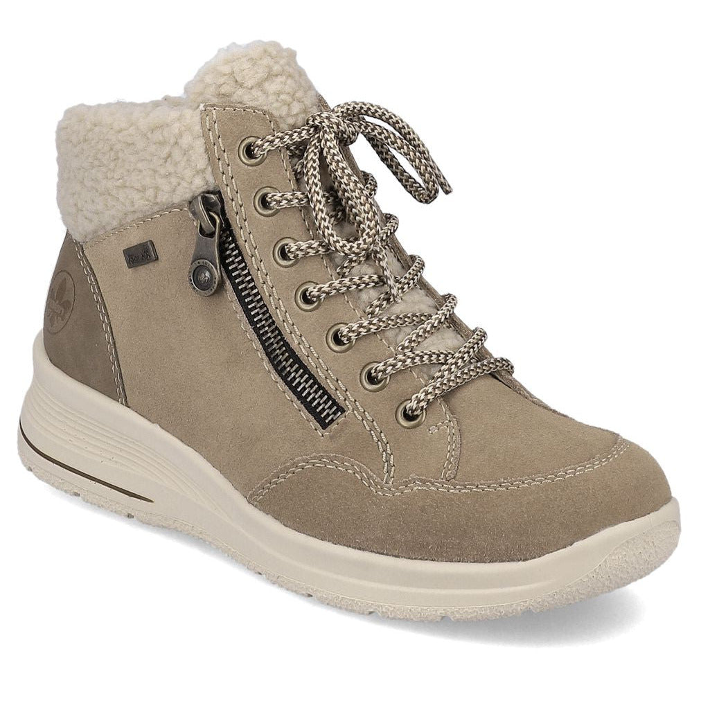 Rieker beige short waterproof boot with fleece collar, side zip, round laces, and flexible light outsole. Style #L7701-24