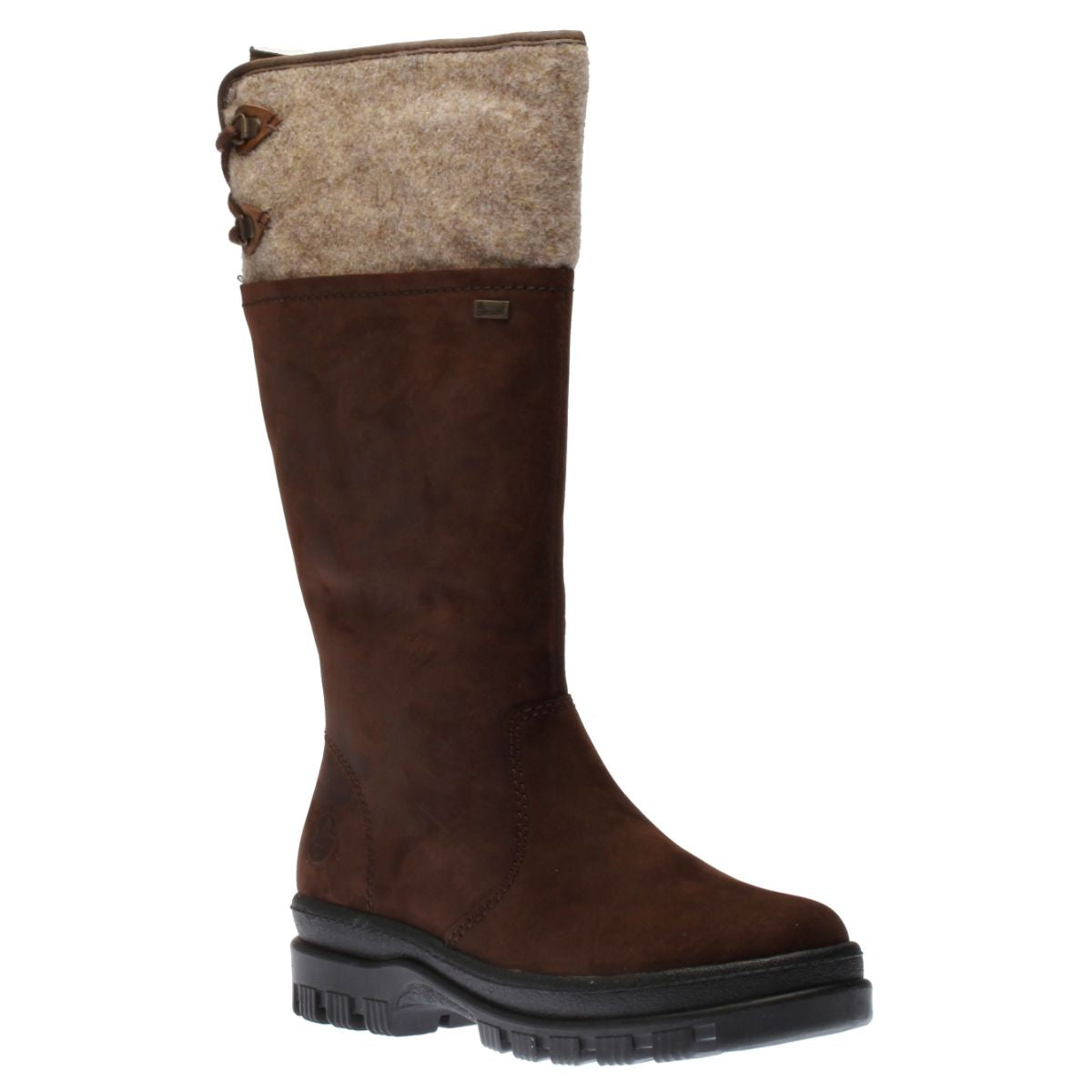 A brown high winter boot with a beige cuff and fold-out spikes for traction, designed for cold weather. Rieker X8263-25