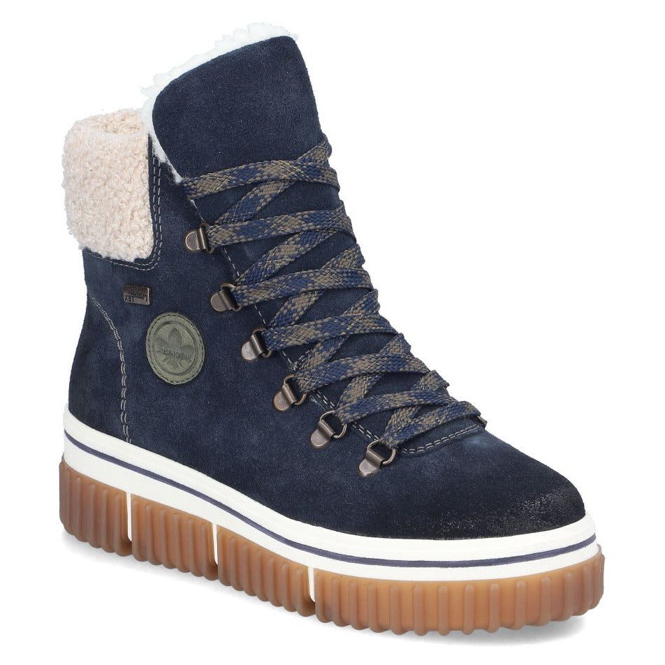Rieker blue suede waterproof winter boot with fleece collar, patterned laces, D-ring hardware, and gum lug sole. Style #Y6347-14