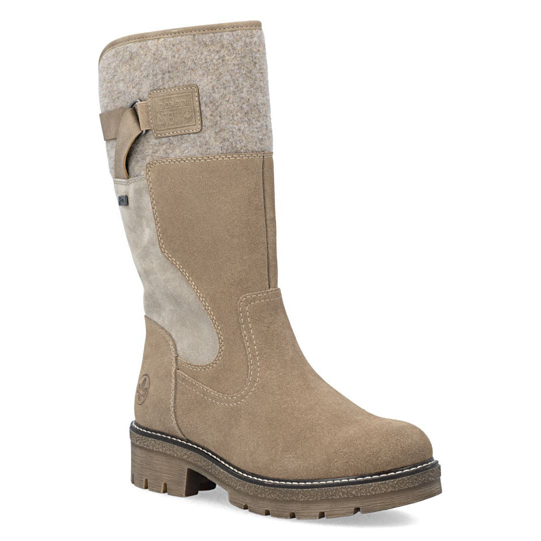 Rieker beige suede tall waterproof boot with felted collar trim, decorative side strap, and rugged lug sole. Style #Y8153-64