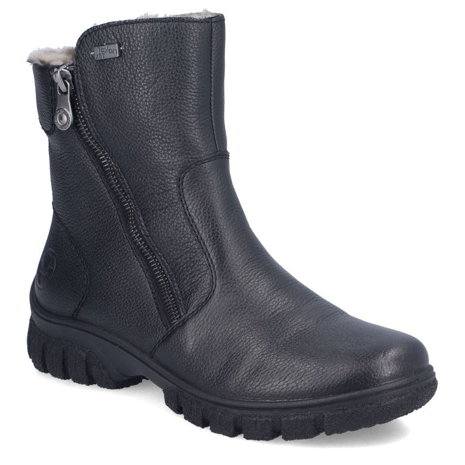 Rieker black textured leather waterproof ankle boot with side zipper, plush lining trim, and tread sole. Style #Z7263-00