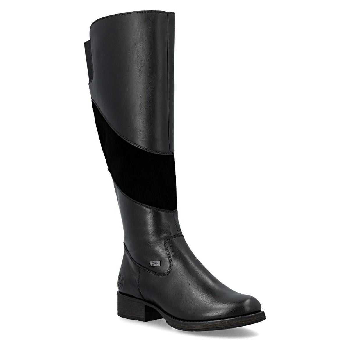 Black leather and suede tall waterproof boot with side zipper and low block heel. Style # Z9566-00
