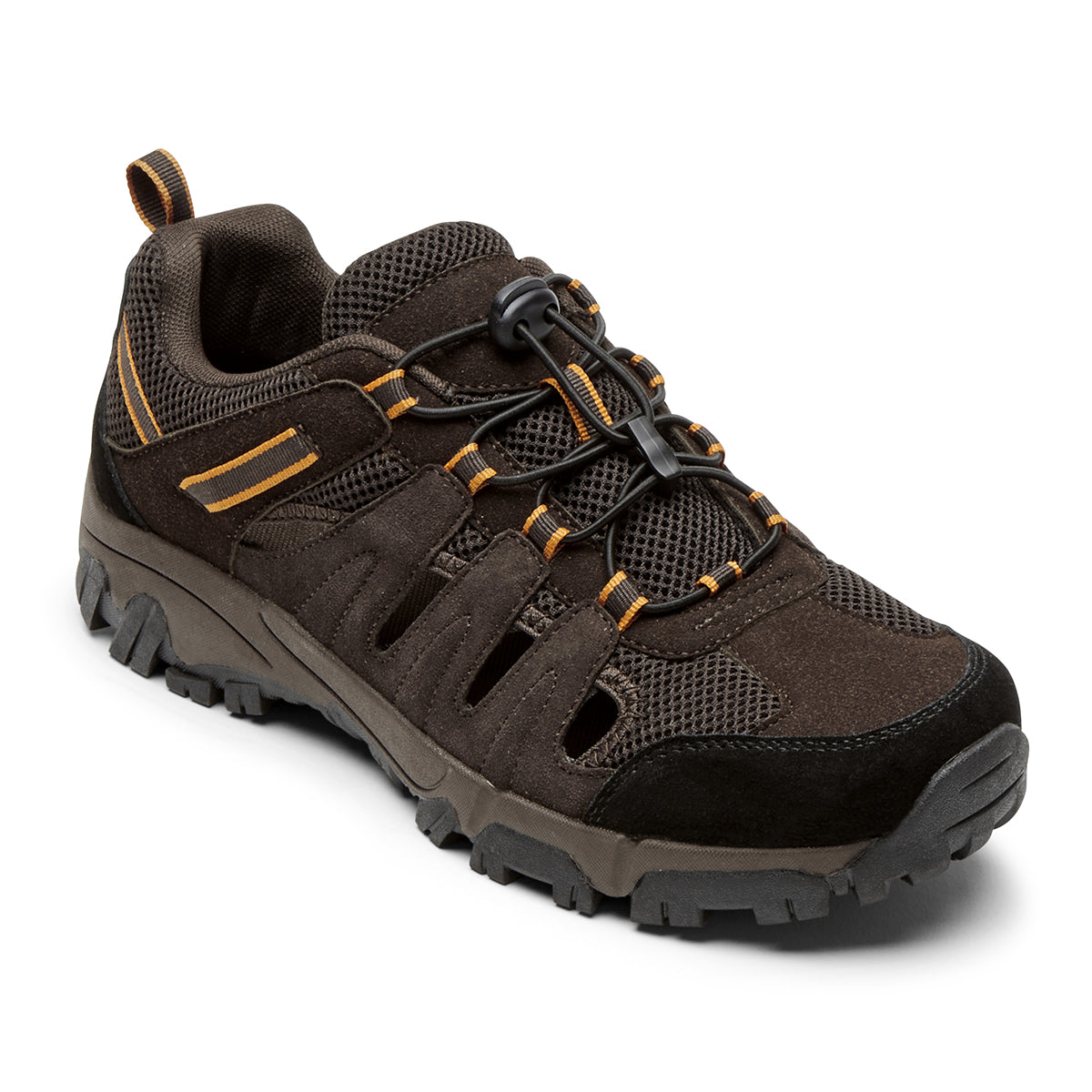 A brown men's sandal with a bungee cord lacing system and a textile sport . lining. Rockport Faulkner Java CI8903