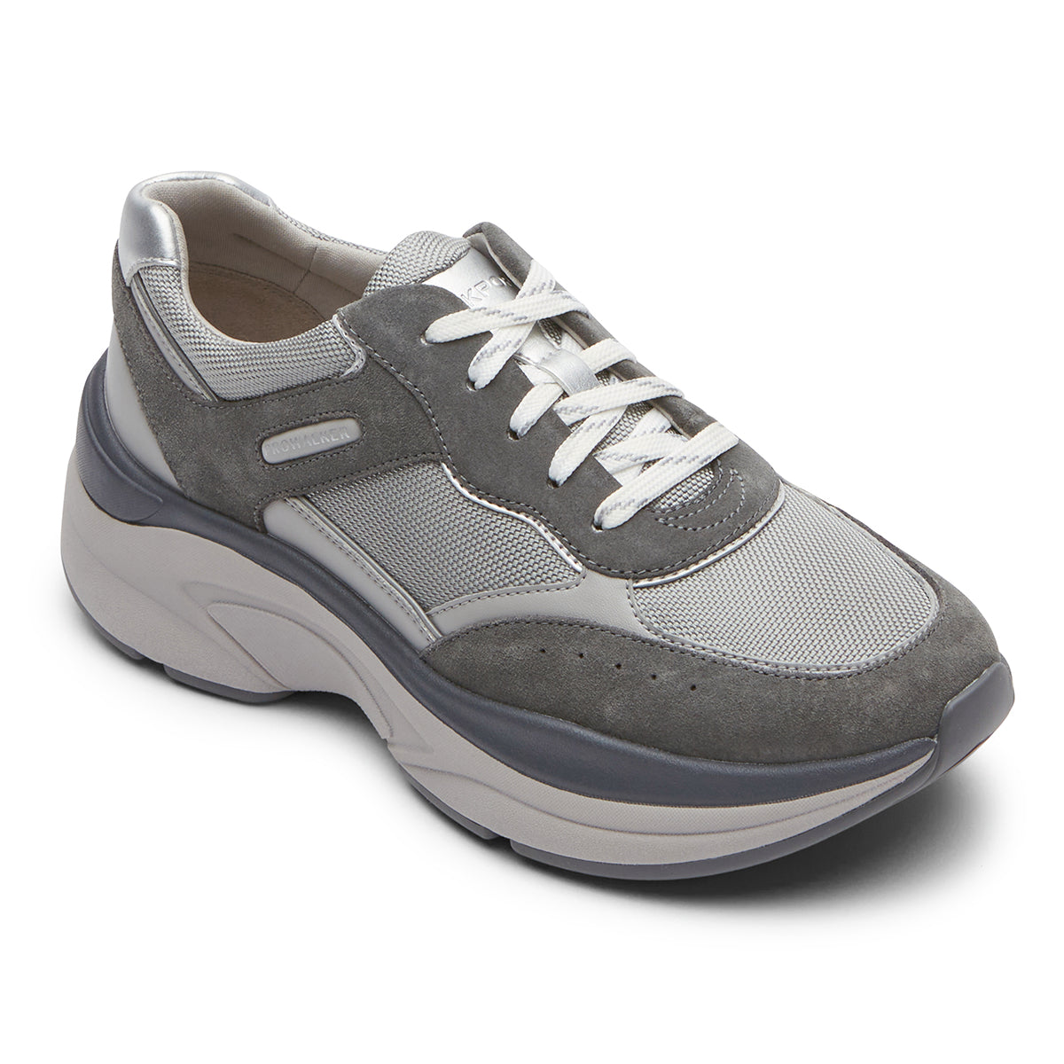 A pair of gray ProWalker wedge womens sneakers with lace-up closure. Rockport Prowalker Next in Grey in Medium & Wide