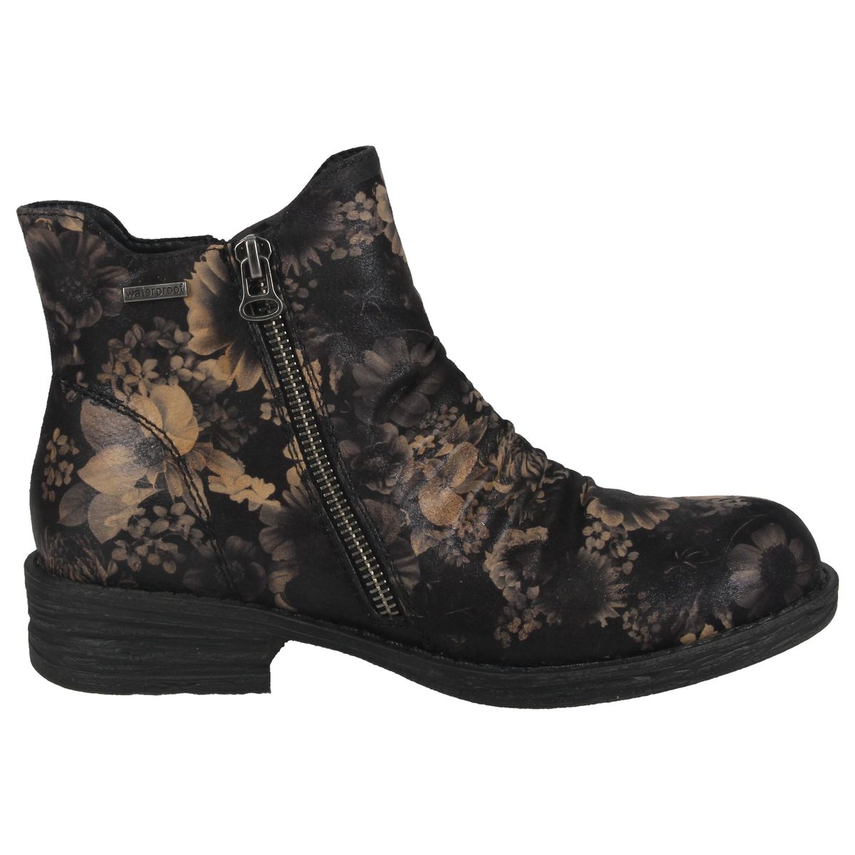 Black floral-print waterproof ankle boot with ruched front design, side zipper, and low block heel. Romika Style #823501-101