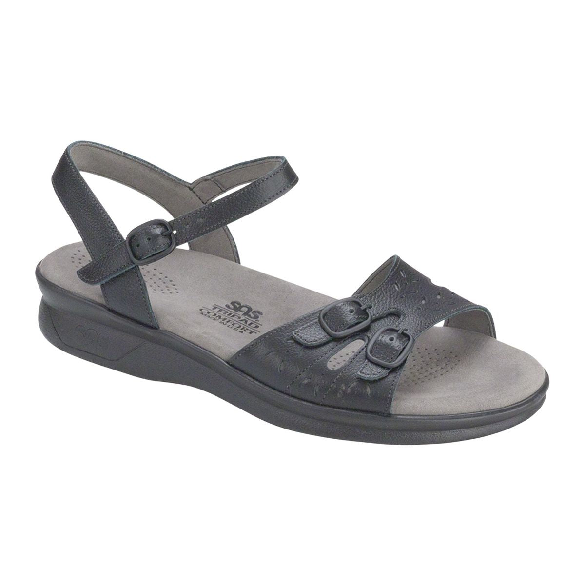 Women’s quarter strap sandal in black leather with three adjustable buckles, cushioned insole, shock-absorbing sole, and low 1.375-inch heel for all-day wear. Style #0087-020