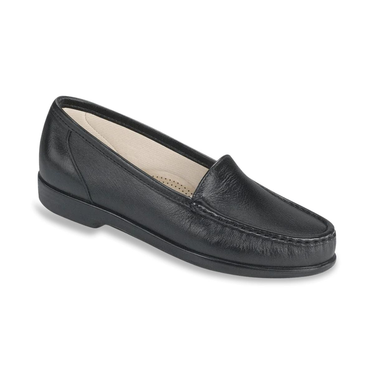 SAS Simplify women’s slip-on black leather loafer with smooth finish, padded lining, removable cushioned footbed, and 1-inch heel for classic everyday wear. Style #1550-013