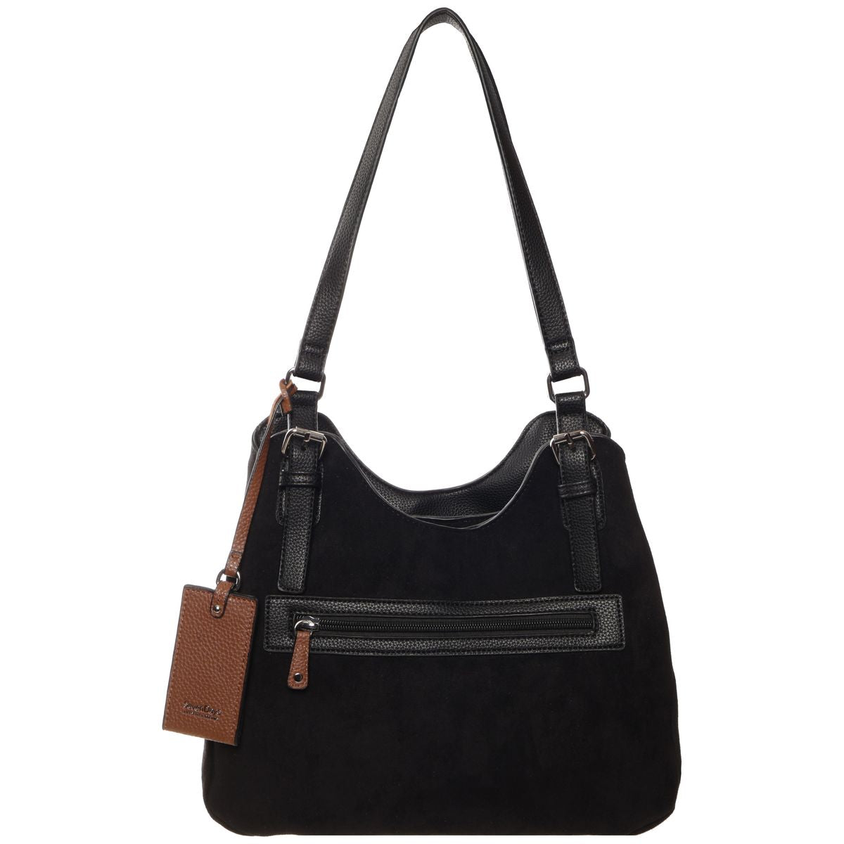 A black faux suede hobo shoulder bag with black faux-leather trim, a front zippered pocket, and a brown pebbled leather hangtag, shown on a plain white background.