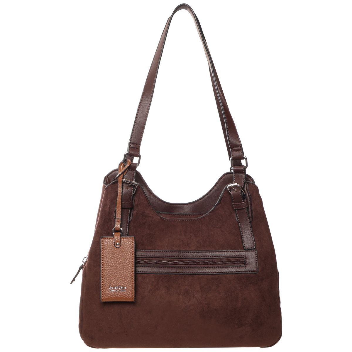 A dark brown faux suede hobo shoulder bag with dark brown leather trim, a front zippered pocket, and a hanging leather brand tag on a white background.