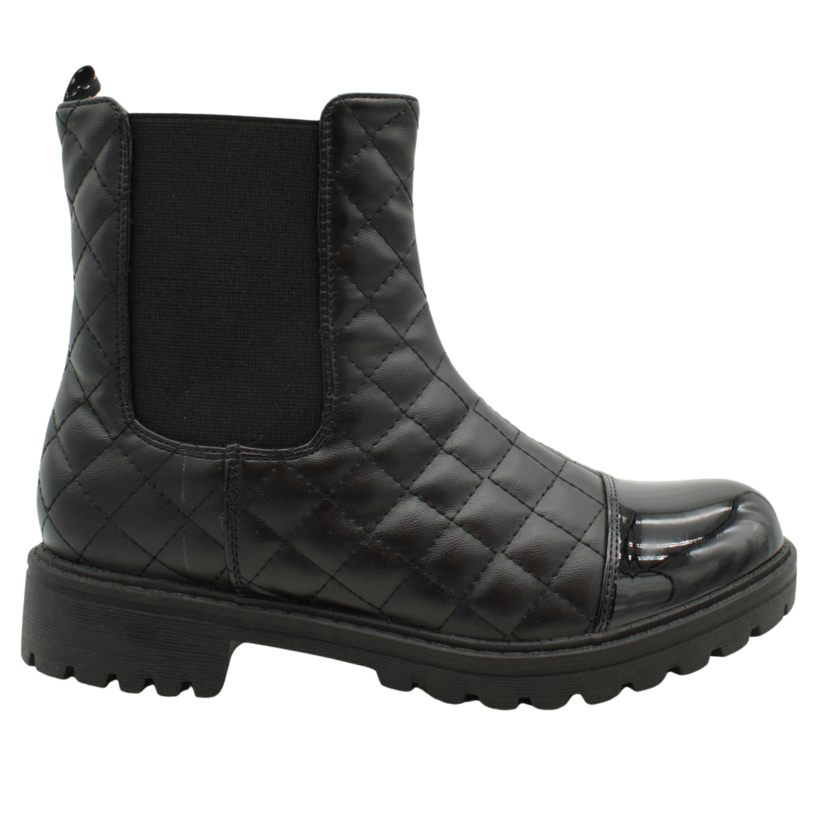 Black vegan leather ankle winter boot with a glossy patent toe cap and a low heel