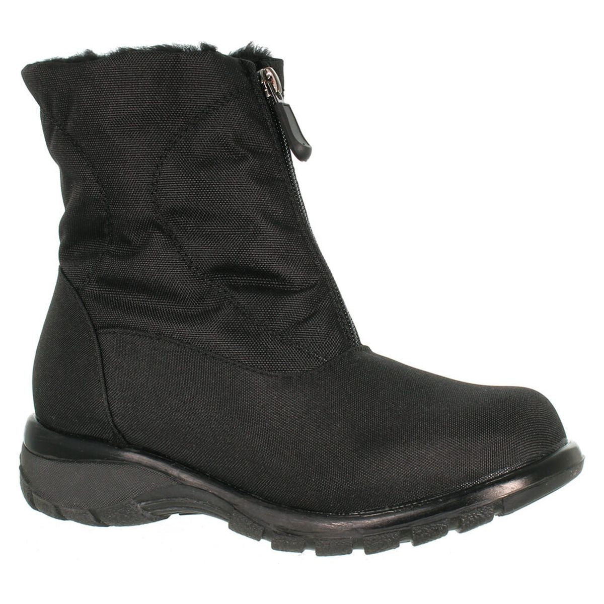 Toe Warmers Alyssa Black waterproof Nylon women’s winter boot with front zipper. Features extra depth and wide fittings for hard to fit feet.