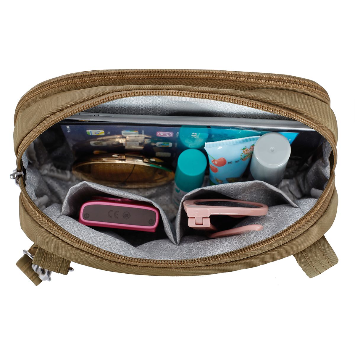 Travelon Women's Runways Anti-Theft Double Compartment Crossbody in Latte
