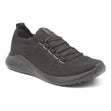 Carly Women's Arch Support Sneakers. A sleek black sneaker with laces, breathable mesh upper, padded heel, and low-profile .8-inch sole designed for support, comfort, and everyday wear.