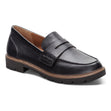 Black leather loafer with adjustable vamp strap, cushioned footbed, and low-profile outsole—designed for stylish support and all-day comfort.