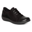 Black genuine leather Aetrex Dana lace-up shoe with clean design, sturdy rubber sole, adjustable laces, and subtle 1.3-inch heel, designed for orthotic comfort and foot support.