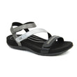 Aetrex Gabby women's sandal in Black Multi featuring three adjustable straps, a low 1.1" heel, and a stylish faux leather upper with a subtle multi-tone design. Ideal for casual wear and warm weather.