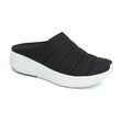 Black mesh athletic sneaker with stretchy gore panels, cushioned removable insoles, 1.1” heel, and rubber pod outsole designed for arch support and all-day comfort.