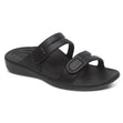 Black water-friendly sandal with two adjustable hook and loop straps, lightweight EVA sole, built-in arch support, and cushioned footbed for active summer comfort.
