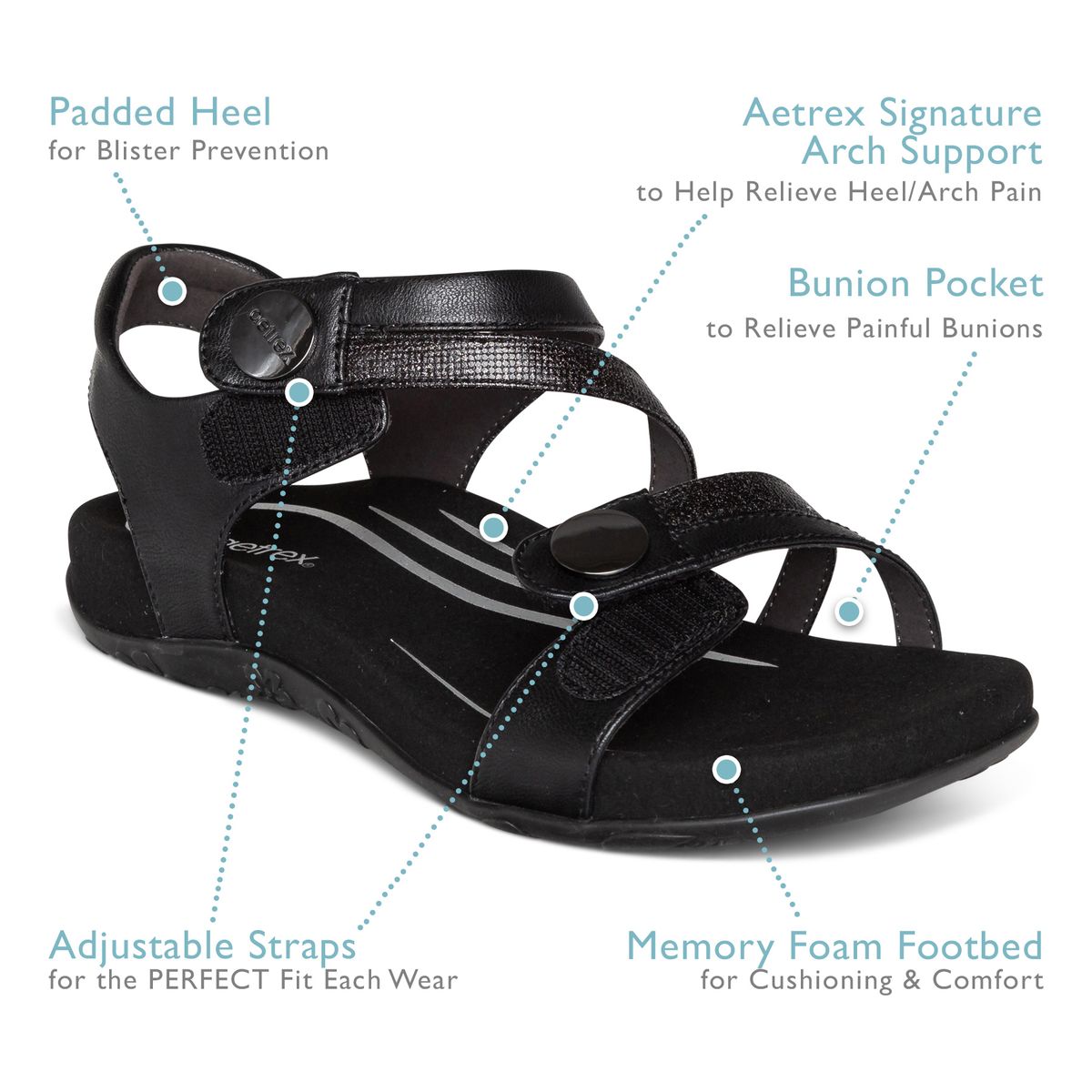 Aetrex Jess Women's Adjustable Quarter Strap Sandal – Black