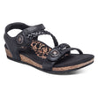 Black genuine leather sandal with two adjustable hook and loop straps, cushioned memory foam and cork footbed, padded collar, built-in arch support, and met bar pod for targeted foot pain relief.