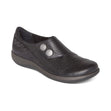 Black leather shoe with a single wide hook-and-loop monk strap across the instep, padded heel collar, contoured memory foam footbed with built-in arch support, and a low rubber outsole for everyday comfort and support. Style #DM500WW