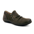 Aetrex Katie Women’s Side Zip Slip-On in Dark Earth faux leather with a sleek design, featuring side zipper, hook-and-loop adjustability, cushioned sole, and built-in arch support. Style #DM552WM